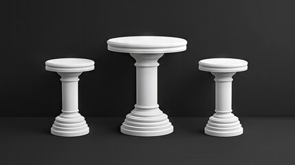 White marble table and stools on dark background; cafe interior design