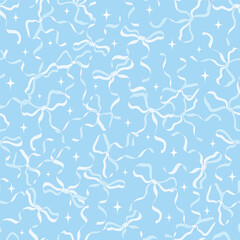 Hand drawn repeated illustration with decorative ribbon bows. Abstract vector seamless pattern with cute bow knots. Ornament for surface design, background. Allover rococo print for fabric, package