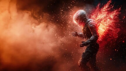 This image features a striking figure in a futuristic suit, radiating intense energy and light, set against a backdrop of swirling colors and cosmic ambiance, invoking awe.