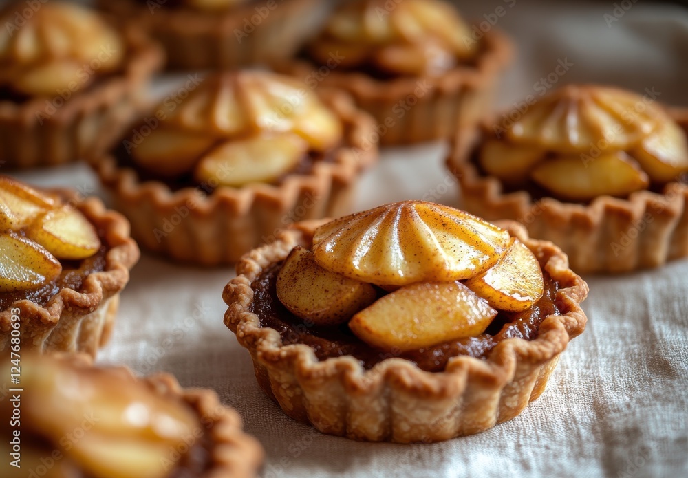 Poster delicious mini apple tarts topped with caramelized apples and meringue on a rustic table setting, pe
