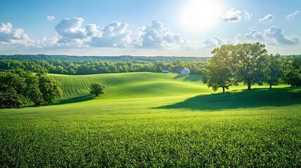 Naklejka premium landscape with green field and blue sky