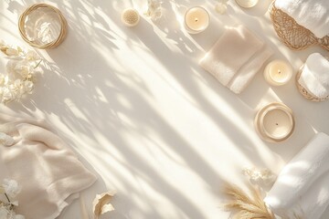 Conjunto de itens de spa com toalhas, velas e elementos decorativos em tons neutros, capturados com luz natural suave, criado com IA generativa.