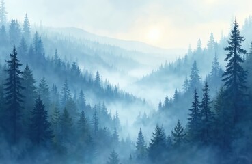 Obraz premium Misty mountain landscape shows dense forest. Foggy morning. Pine trees. Nature scene. Winter cold season. Peaceful atmosphere. Blue, white tones. Outdoor view. Suggests serene getaway vacation