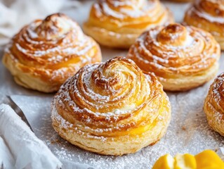 Delicious pastry swirls dusted with powdered sugar create a tempting treat