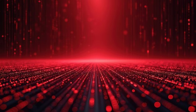 Abstract red tech background. Dynamic lines, glowing points create matrix effect. Digital pattern. Futuristic design. Modern graphic artwork. Red, black color palette. Intense light, dark areas.