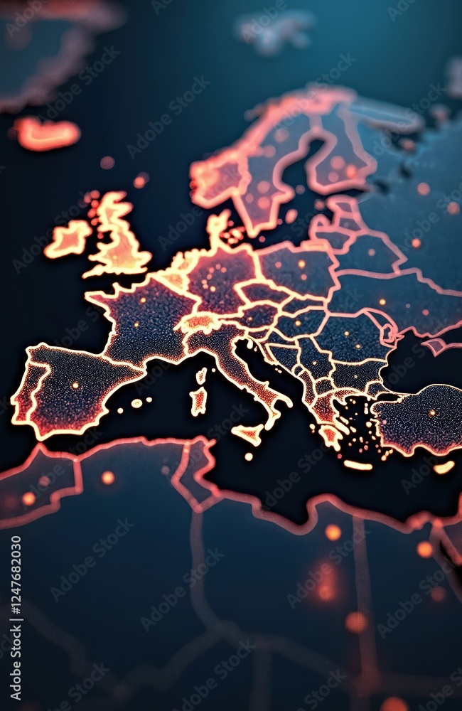 Poster digital illuminated map of europe. countries highlighted with glowing light. modern tech map design 