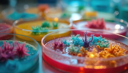 Colorful microorganisms grow in petri dishes in lab. Vibrant cultures display various shapes, colors. Microscopic organisms part of scientific study. Unique designs observed in lab environment.