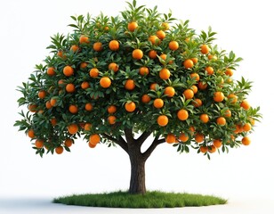 Vibrant orange tree laden with ripe citrus fruits. Isolated against white background. Healthy, productive tree. Perfect for agricultural nature themes. Ideal for fruit farm botanical illustrations.