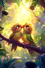 Naklejka premium Two adorable, light green birds with fluffy yellow green plumage, facing each other and touching beaks, perched on a tree branch, bathed in warm