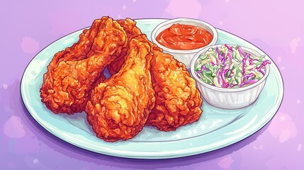 Crispy Fried Chicken with Coleslaw and Dipping Sauce Pixel Art Illustration