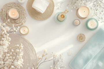 Conjunto de itens de spa com toalhas, velas e elementos decorativos em tons neutros, capturados com luz natural suave, criado com IA generativa.