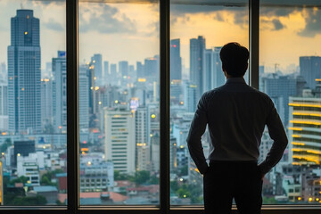 Man in shirt stands by window overlooking modern city buildings at dusk_2