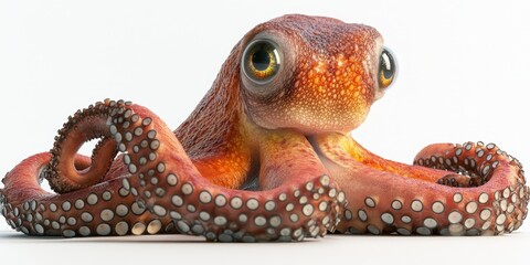 Cute cartoon octopus with large expressive eyes, vibrant orange and brown spots, lying on a plain white background. The octopus displays a friendly