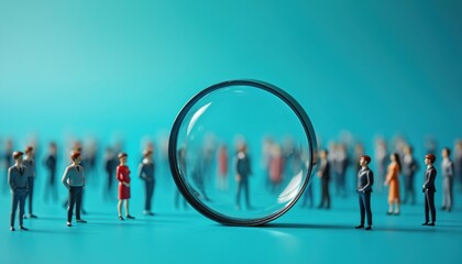 Magnifying glass focuses on potential candidate in crowd. Job hunting concept. Recruitment process. Selection of skilled applicant. Employment opportunity. Human resources department. Talent search.