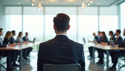 Man in suit listens to panel discussion in modern office. Business people sit around conference table. Pro setting. Formal meeting. Possible interview. Modern office interior. Business professionals.