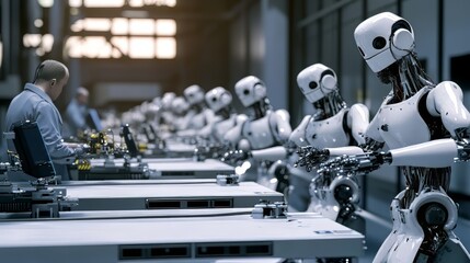 A futuristic industrial scene featuring humanoid robots and a technician at work.