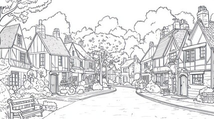 Charming village street, houses, nature, park bench, coloring page