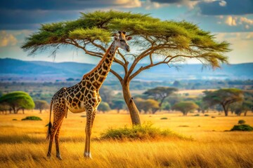 Tilt-shift photography captures a giraffe's elegant neck reaching for leaves in the African savanna.