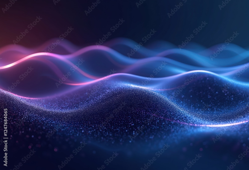 Poster dynamic abstract wave pattern with vibrant blue, purple glowing lines. dark background with glowing 