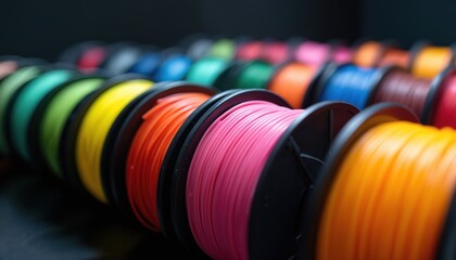 Close-up view of colorful 3D printing filaments. Spools of various bright thermoplastic filaments arranged in rows. Different colors of plastic wire for additive manufacturing. Modern tech tools for