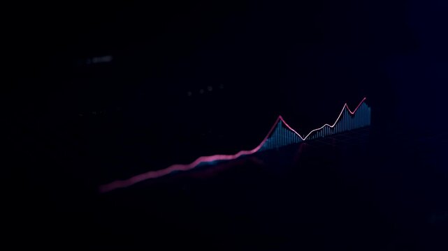 A fading sales chart in a dark blue shade with a thin red stripe on top on a dark background. Graph animation