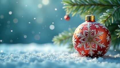 Delicate gold ornament with intricate white snowflakes on a frosted glass background, holiday, frozen, snowflake