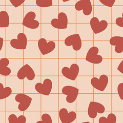 Groovy background with windowpane check and tiny hearts. Valentine day cheerful seamless pattern. Vector wallpaper with romantic vibes. Cute print for fabric, paper, kids clothes and accessories