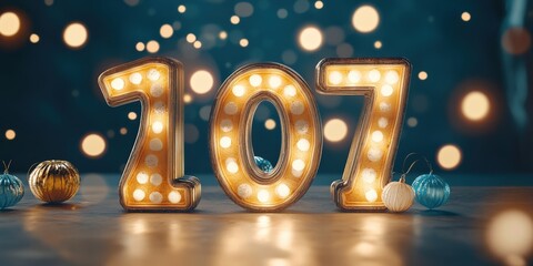 A creative depiction of a milestone birthday sign with golden numbers and fairy lights