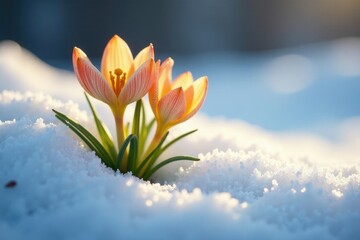 Delicate petals of Tussilago farfara flowers peeking through melting snow, frosty scene, delicate details, frozen ground