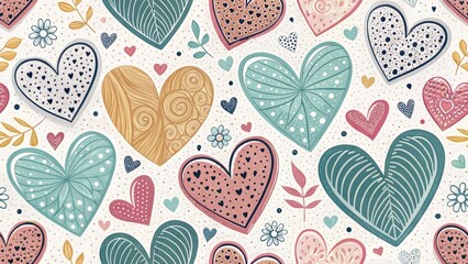 Colorful heart patterns with floral accents on textured background