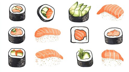 Twelve assorted sushi pieces, including maki rolls with salmon, avocado, and cucumber, nigiri with salmon, and various combinations.
