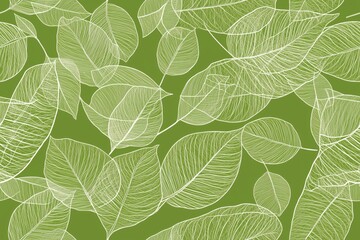 Obraz premium Padrão contínuo (seamless pattern) de folhas estilizadas em tons de verde com linhas delicadas em branco, criado com IA generativa.