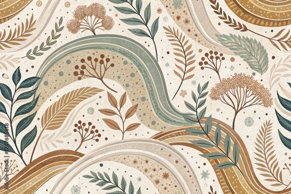 Poster abstract botanical pattern with curved lines and earthy tones in modern style