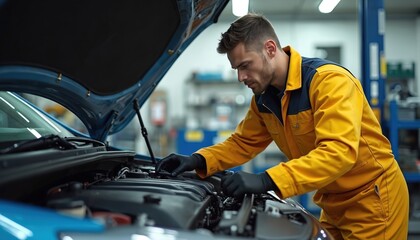 Mechanic inspects car engine. Focused worker in uniform repairs vehicle. Automotive service in garage. Pro works on automobile engine. Car maintenance in progress. Modern auto repair. Focused on
