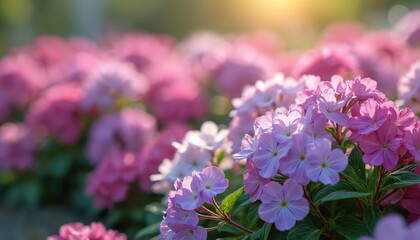 Obraz premium Beautiful floral display of vibrant pink, white flowers. Rich greenery surrounds colorful blossoms. Close-up view of flowers, foliage creating spring summer garden scene. Ground cover plants create