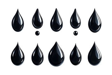 Set of Realistic Black Oil Drops Isolated on White