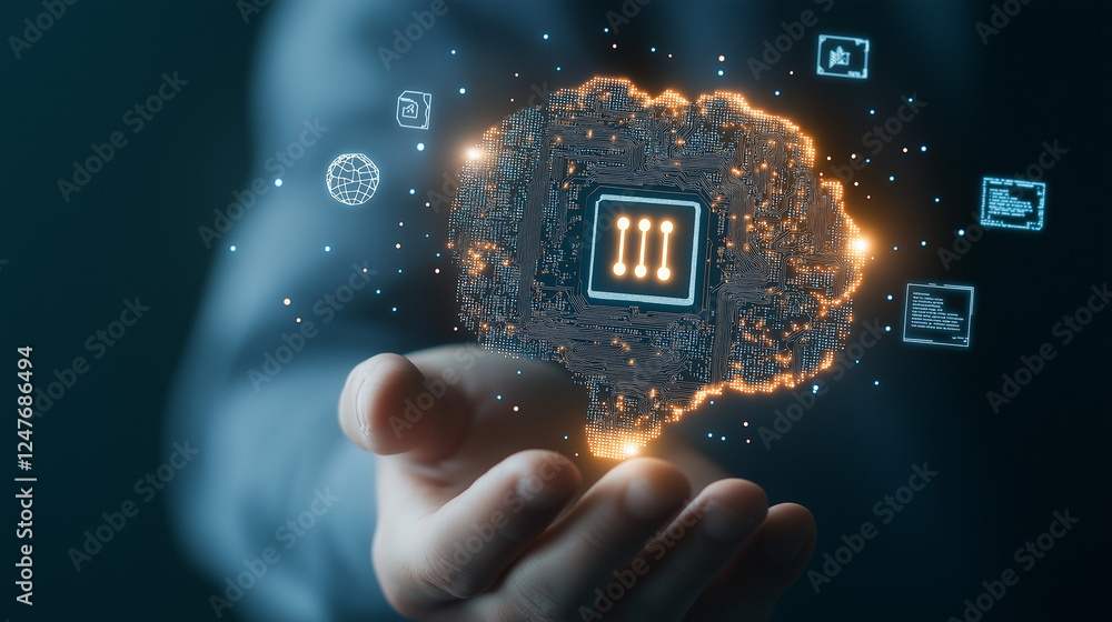 Poster digital brainpower: a futuristic concept showcasing the power of artificial intelligence, with a glo