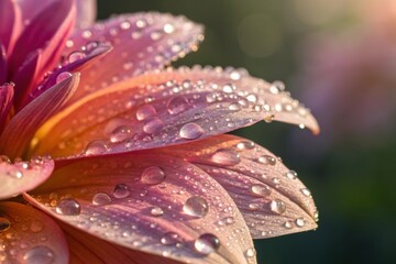 Dew-studded pink dahlia petals in morning light