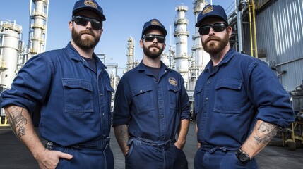 Fototapeta premium three men in blue work uniforms standing in front of a large factory, chemical plant, industrial plant - ai