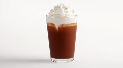 Iced coffee drink in a tall glass with whipped cream.