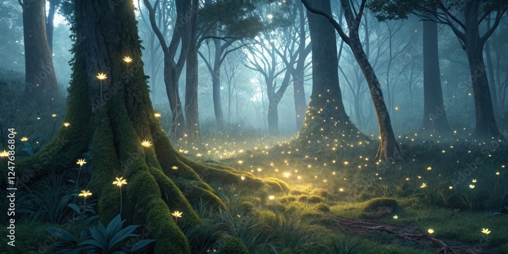 Poster enchanted forest with magical fireflies illuminating a misty path at twilight