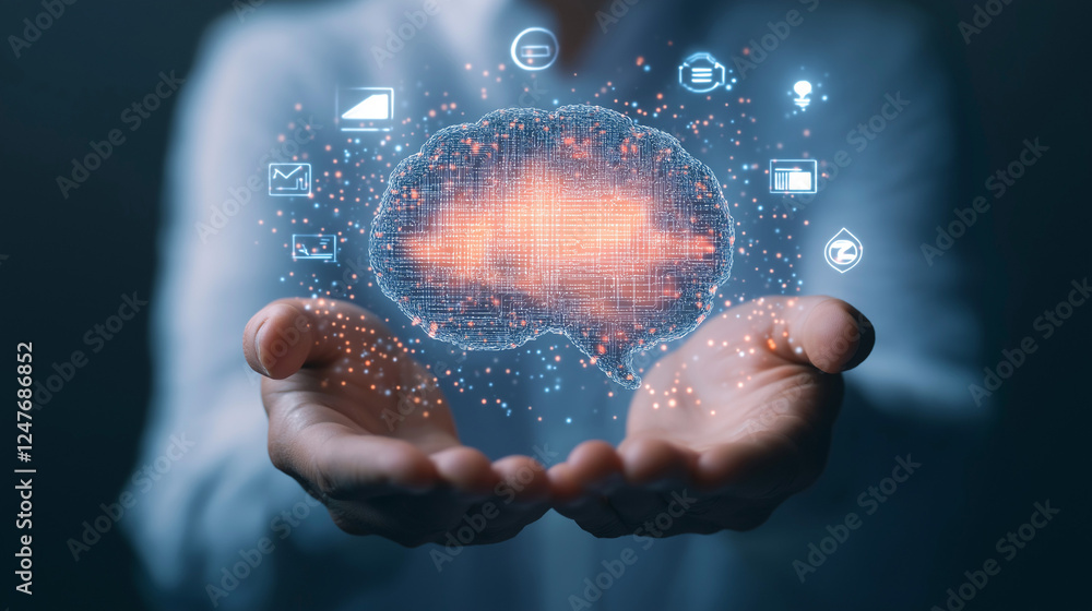 Poster digital brain in hands: a glowing digital brain hologram floats above cupped hands, representing art