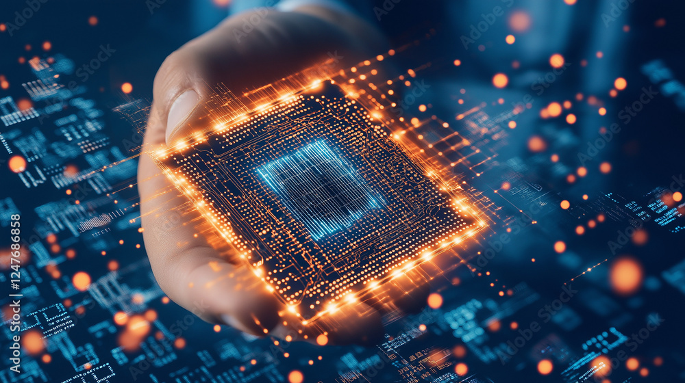 Aufkleber microchip innovation: close-up of hands gently cradling a glowing microchip, symbolizing technologic