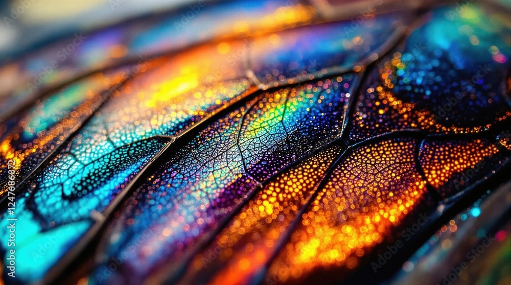 Poster close-up of vibrant dragonfly wings with iridescent colors and intricate patterns