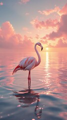 Fototapeta premium Flamingo at sunset: serene water reflection with pink skies