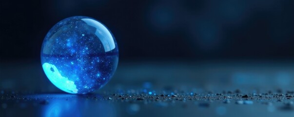 Obraz premium Glittering blue crystal ball on a dark grey background, reflective, mysticism, blue