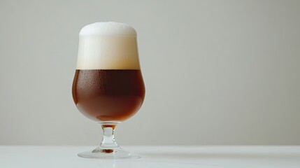 A glass of dark beer with a thick head of foam sits on a white table against a light gray background.