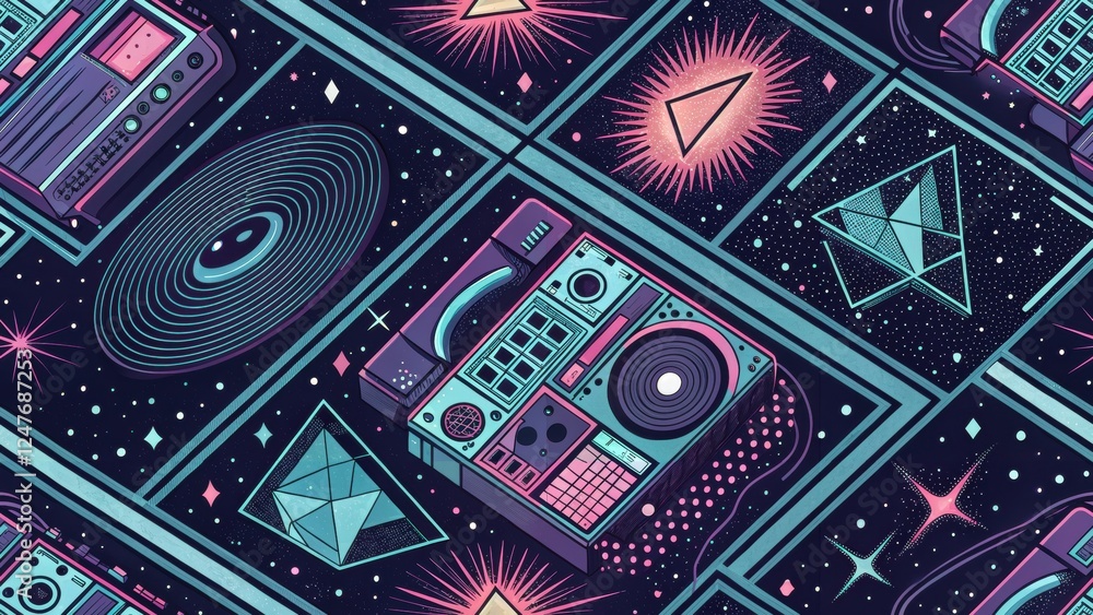 Poster retro futuristic music and geometric patterns in space-themed vector art