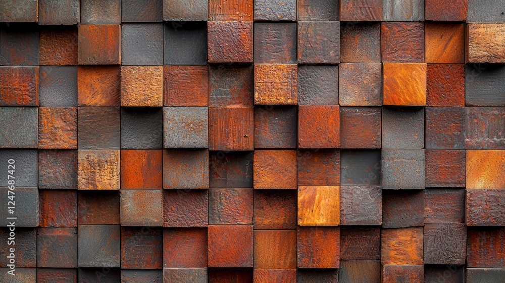 Poster An array of rustic wood blocks in varying shapes and rich warm colors forms a vibrant textured wall. This design element adds a unique charm suitable for artistic projects or interior decor