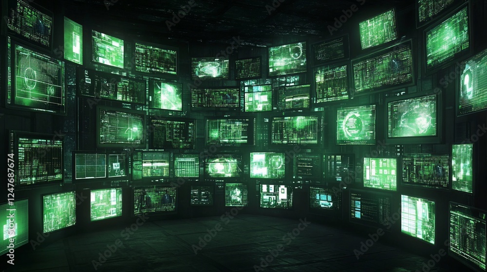 Poster a dark room filled with green glowing computer screens displaying data